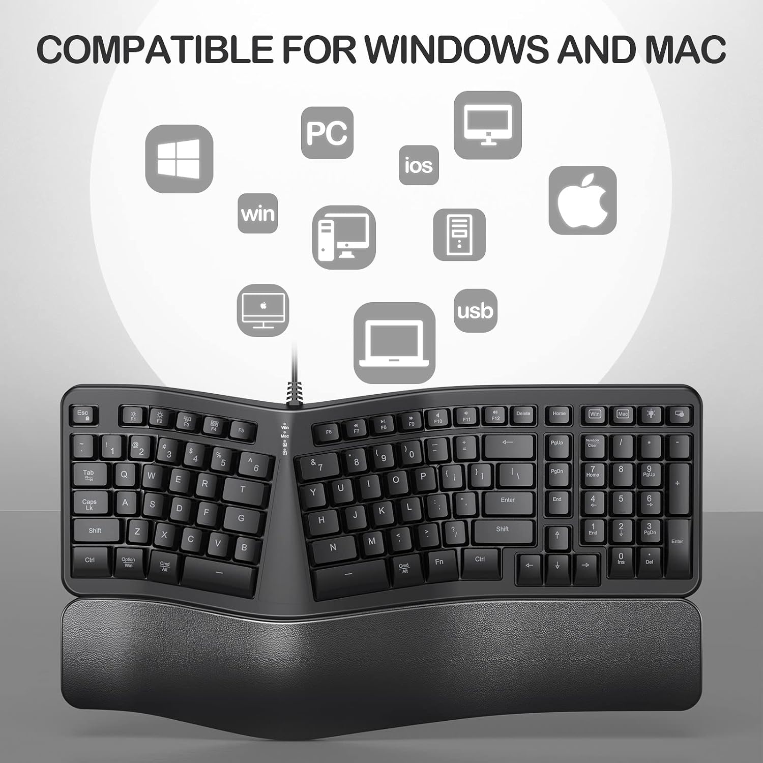 Backlit Wired Ergonomic Keyboard USB Split Keyboard with Wrist Rest and Comfortable Typing, 104 Keys, 10 Shortcuts, 5.2ft USB Cable for Windows, Mac and Laptop PC Computer