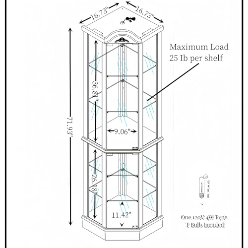 Henf 69.6" Lighted Corner Cabinet, Glass Display Curio Cabinet with Glass Doors, Adjustable Shelves and Mirrored Back Panel,Curved Wood Corner Curio Storage Rack with Bulb Included for Living Room