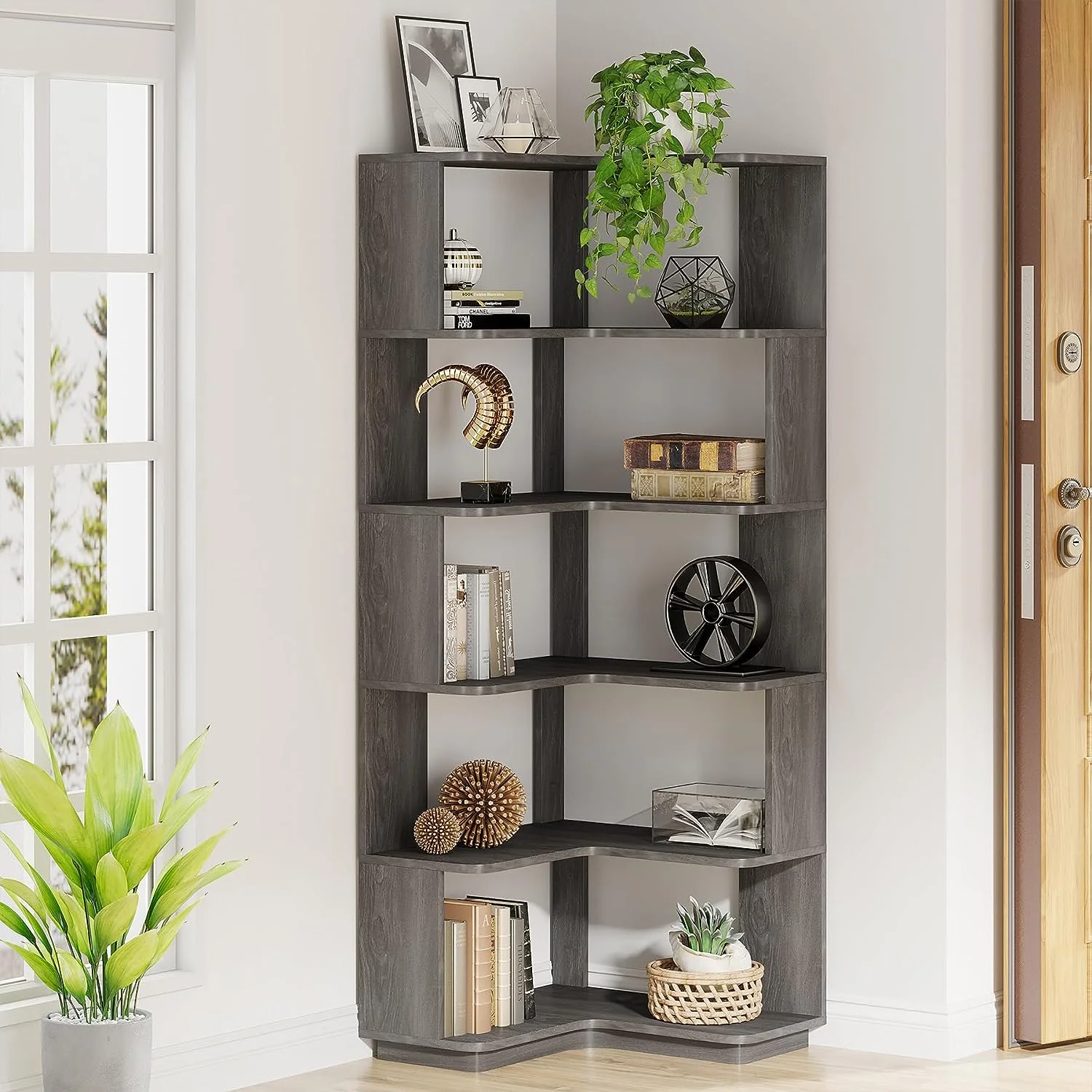 Tribesigns 6 Tier Corner Bookshelf, 64.9" Tall Industrial Bookcase with Anti drop Panel, Grey Corner Shelf for Home Office