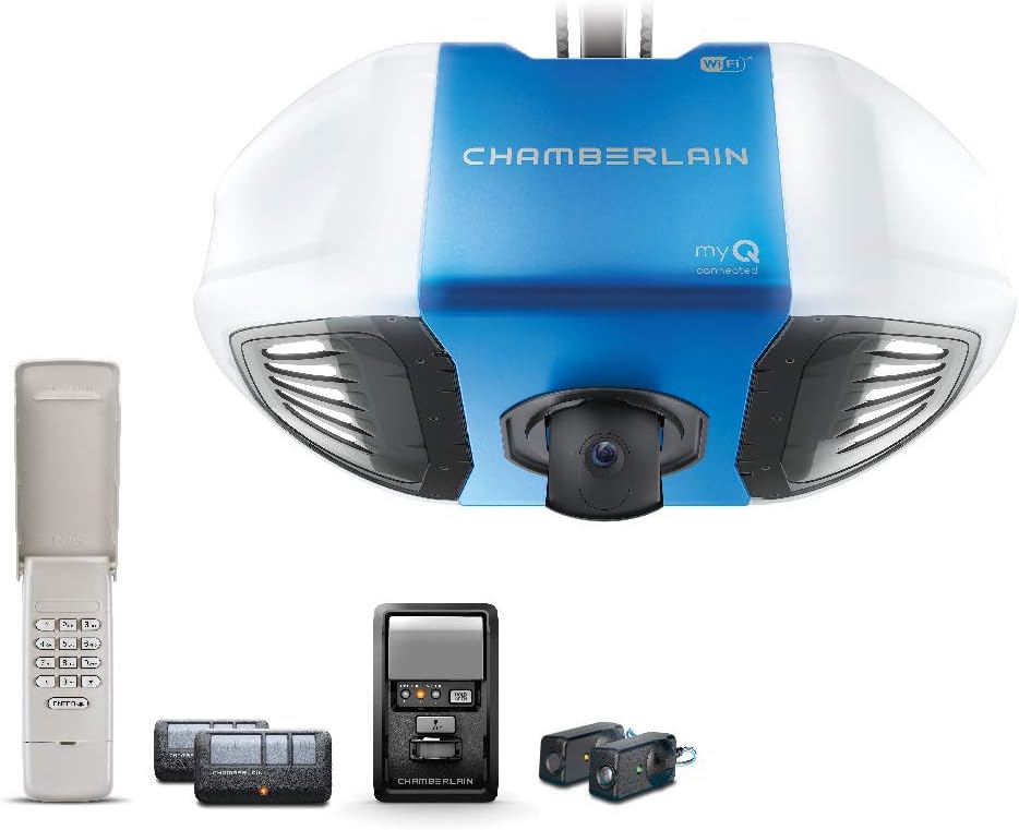 Chamberlain B4545T Smart Garage Door Opener w/Built in HD Camera, Two way audio - myQ Smartphone Control- Ultra Quiet, Strong Belt Drive and MED Lifting Power, Wireless Keypad Incl, Blue