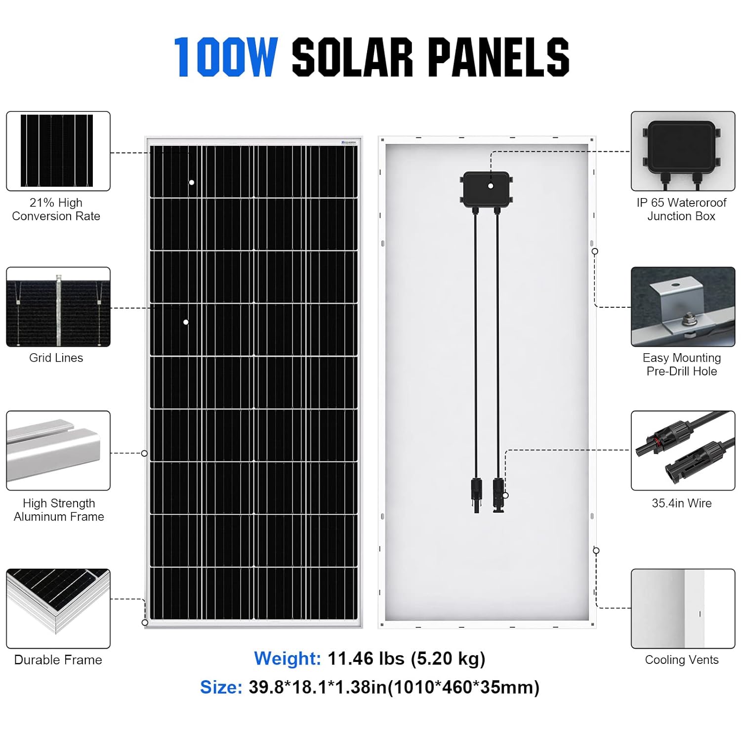 ECO-WORTHY 2pcs 100 Watt Solar Panels 12 Volt Monocrystalline Solar Panel for RV Marine Boat and Other Off-Grid Applications, 2-Pack 100W