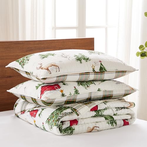 Levtex Home - Tatum Pines Quilt Set - King/Cal King Holiday Quilt 106x92 and Two King Pillow Shams 20x36 - Christmas Cabin - Red, Green, Brown and White - Reversible - Cotton