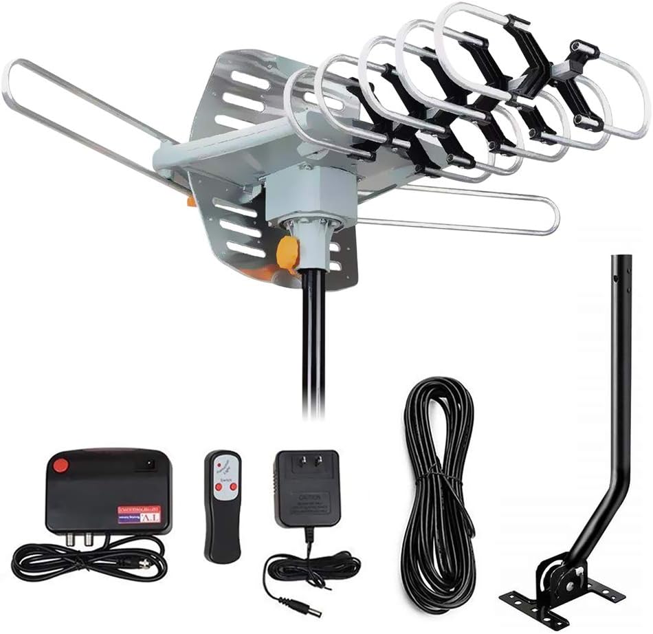 Outdoor TV Antenna,Digital Amplified HDTV Antenna 150 Mile Motorized 360 Degree Rotation,Wireless Remote Control,with Mount Pole 33 ft RG6 Coax Cable, Support UHF VHF 1080P 4K and 2TVs