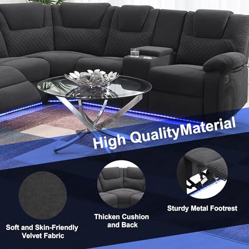 94'' L-Shaped Couch Sectional Sofa Couch, Manual Power Reclining Sectional Couch with LED Light and Storage Box, Velvet Triple Reclining Sofa with Two Cup Holders, Couches for for Living Room