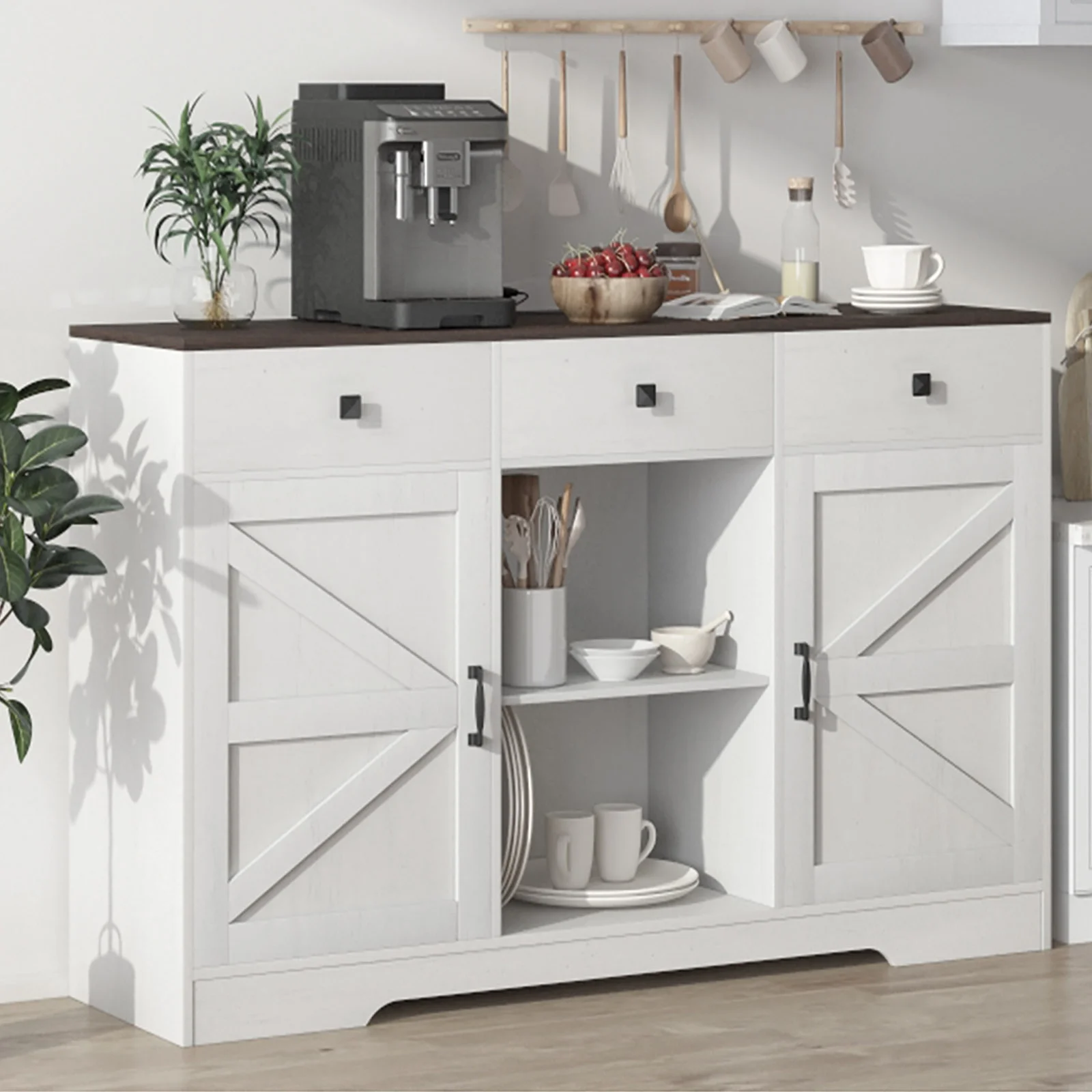 53" Modern Farmhouse Coffee Bar Cabinet with Power Outlet & 3 Drawers, Wood Kitchen Sideboard Buffet Cabinet with 2-Door Cabinet and Adjustable Shelves(White-53")