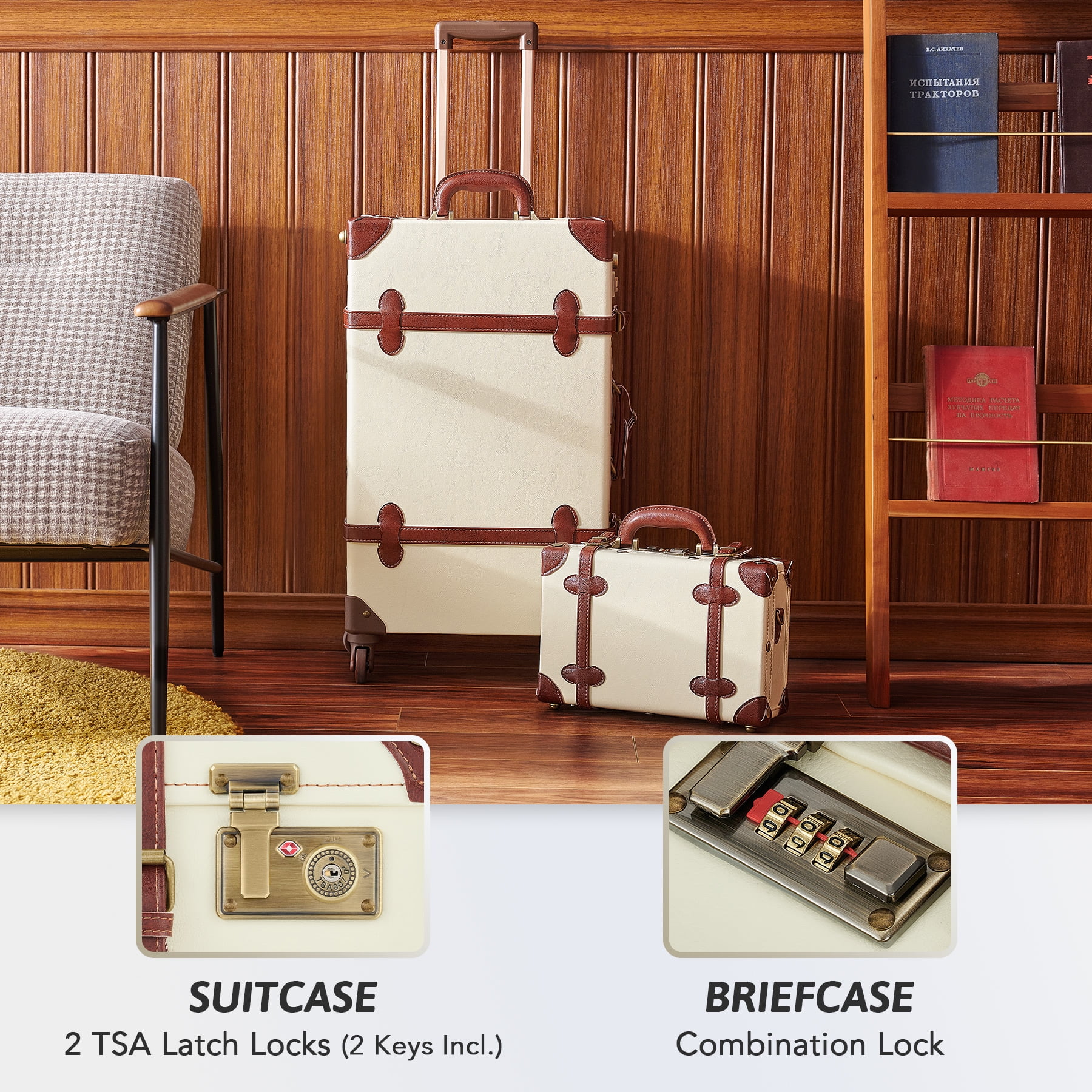 CO-Z Premium PU Vintage Classic Old-Fashioned Beige Trolley Suitcase and Hand Bag Set with TSA Locks Essential Luggage Choice
