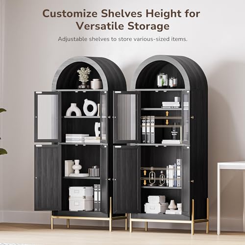 BELLEZE Arched Storage Cabinet with Doors, 65.5 Inches Bookcase, Freestanding Kitchen Pantry Cupboard Tall China Glass Cabinet Display Case for Home Living Room, Adjustable Shelves, White Lotus