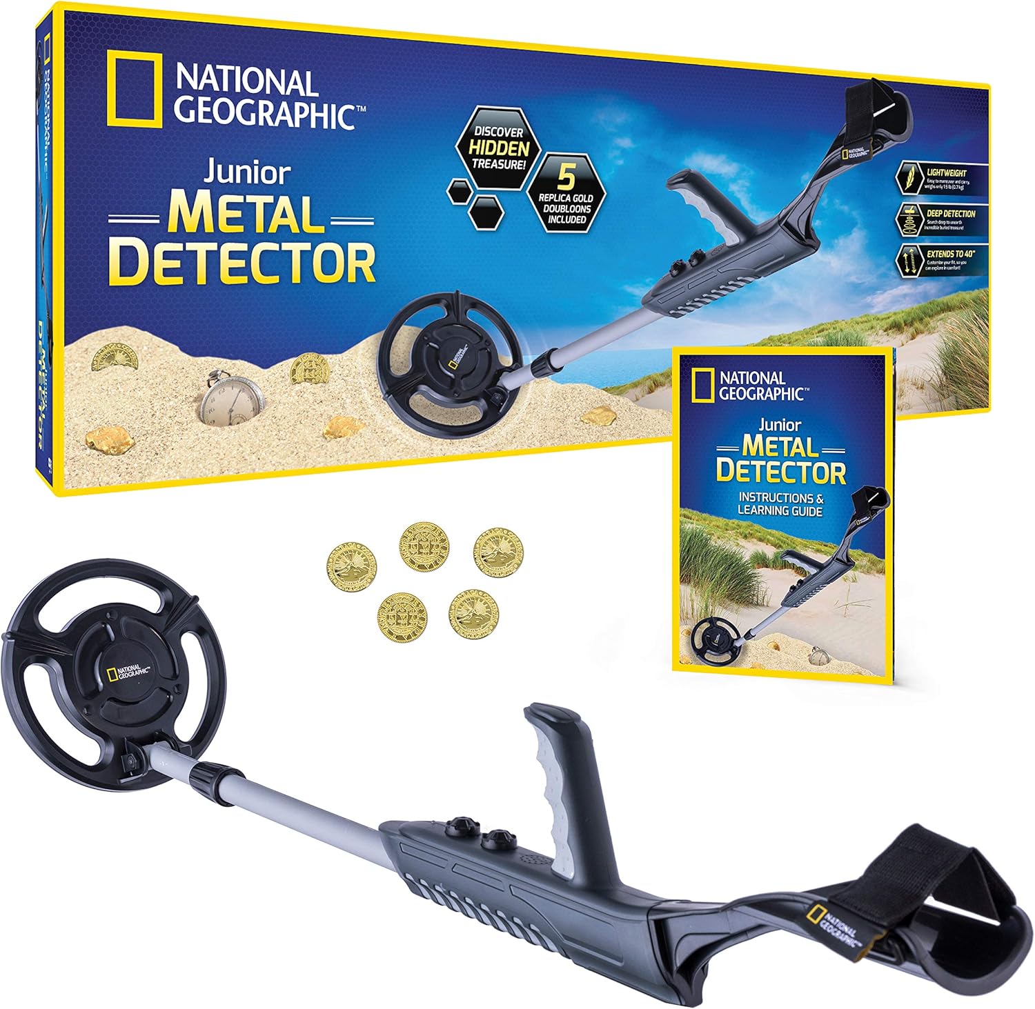 NATIONAL GEOGRAPHIC Junior Metal Detector – Adjustable Metal Detector for Kids with 7.5" Waterproof Dual Coil, Lightweight Design Great for Treasure Hunting Beginners, with 5 Replica Gold Doubloons Pack of 2