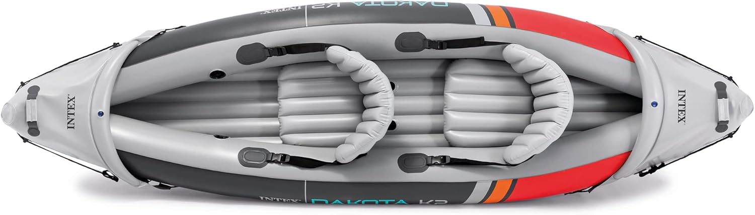 Intex Dakota K2 2 Person Inflatable Vinyl Kayak and Accessory Kit with 86 Inch Oars, Air Pump, and Carry Bag for Lakes and Rivers, Gray and Red