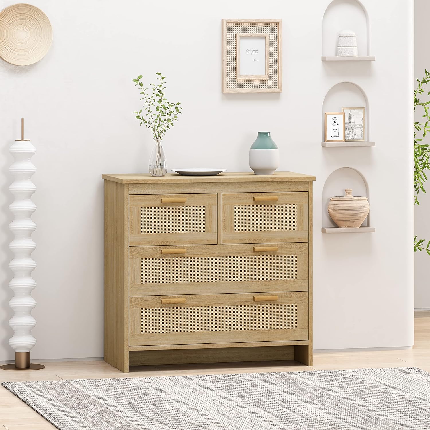 31.5" W Buffet Kitchen Storage Decorated Doors,4 Drawers Rattan Sideboard for Dining Room, Hallway, Cupboard Console Table, Liquor/Accent Cabinet,Natural