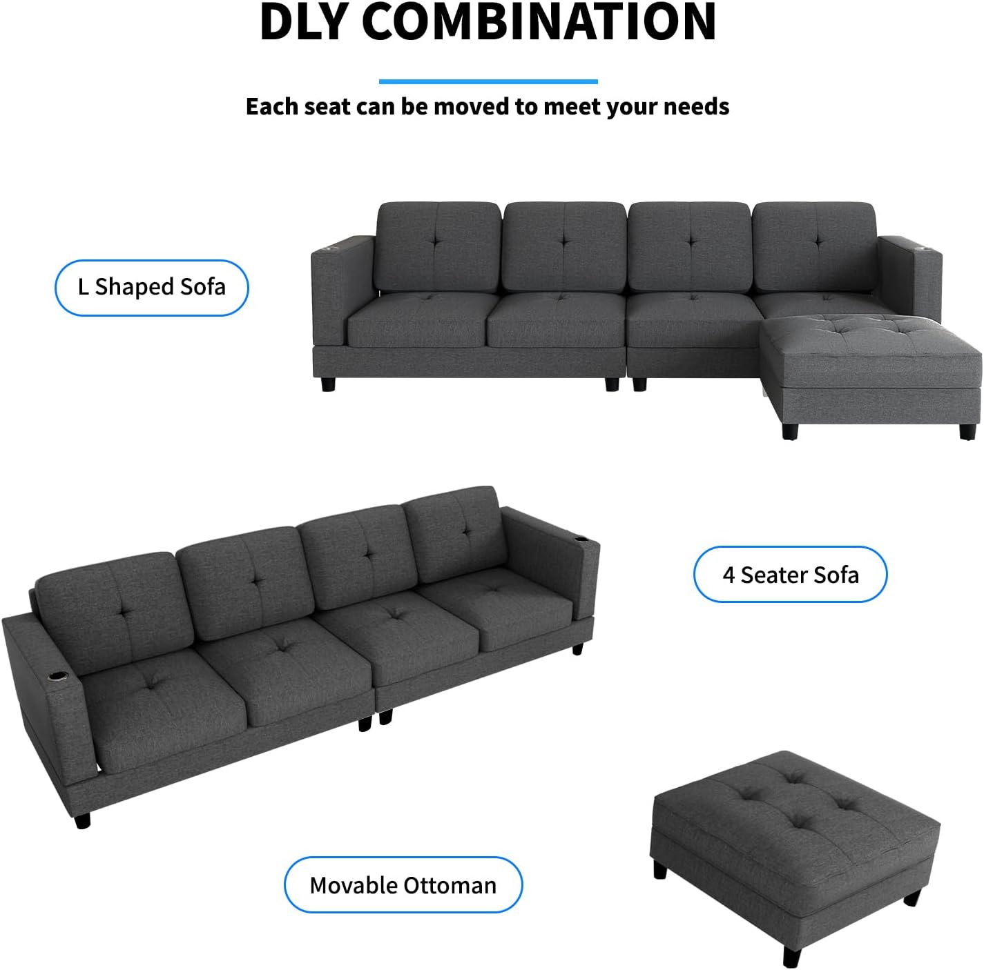 Convertible L Shaped Sofa with Ottoman, Linen Reversible Sectional Sofa with 2 Cup Holders, Modern L-Shape Couch 4 Seat Sectional Couches for Living Room Apartment - Dark Grey