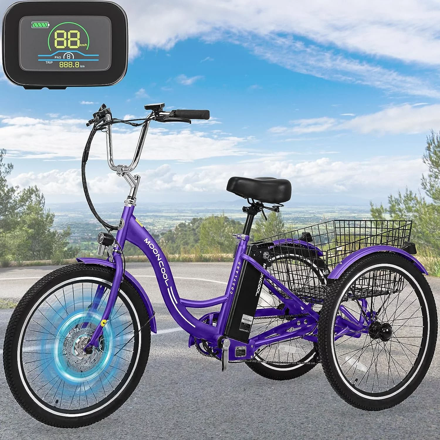 ABORON 350W Electric Trike, 7 Speed 24"/26" 3 Wheel Electric Bicycle with 36V 14.5Ah Lithium Battery UL Certified, Electric Tricycle for Adults with Rear Basket