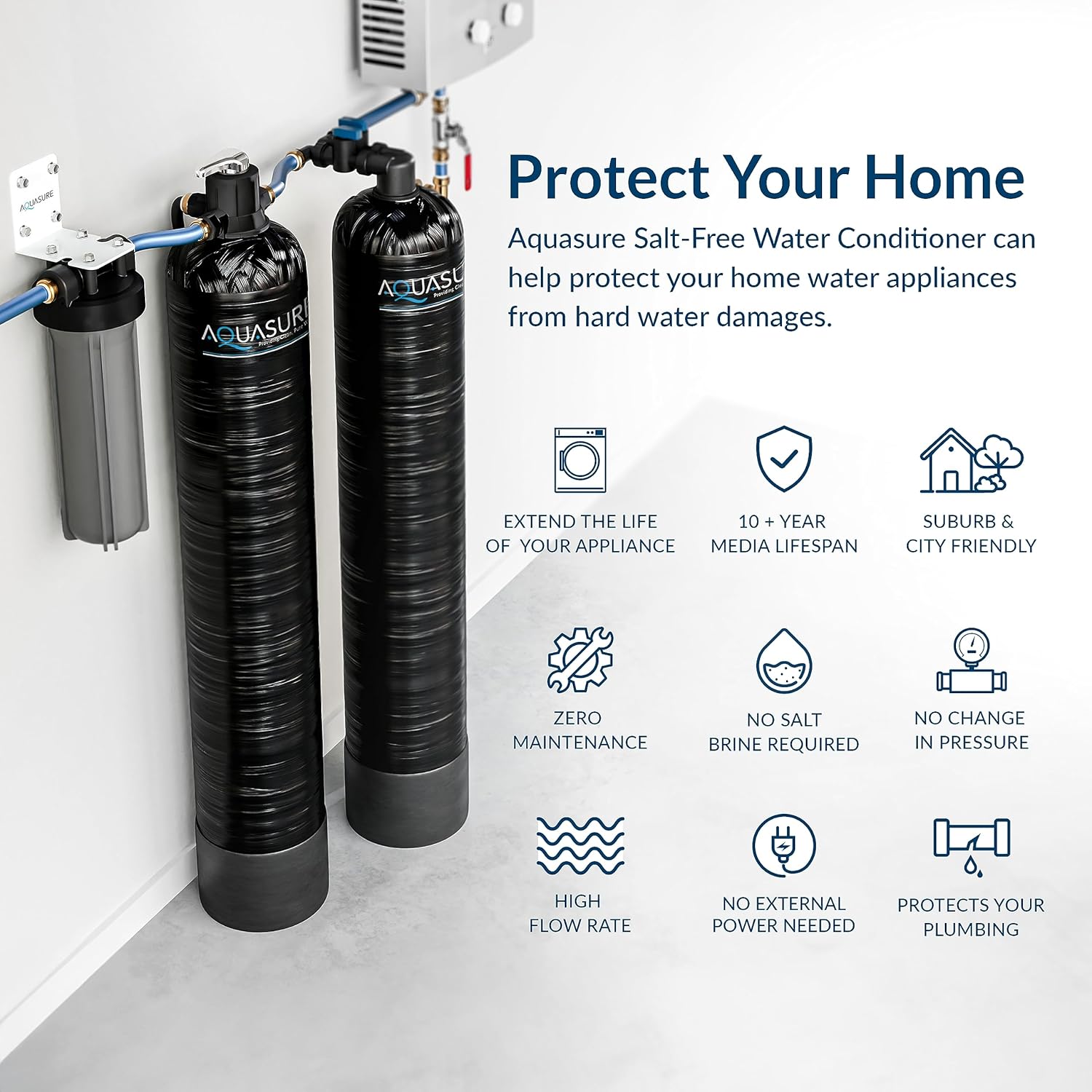 Aquasure Serene Series 10 GPM Whole House Salt-Free Conditioning Descaler Bundle with KDF/GAC Water Treatment System and Pleated Sediment Pre-Filter, for 1-3 Bathrooms | Removes 99% of Contaminants