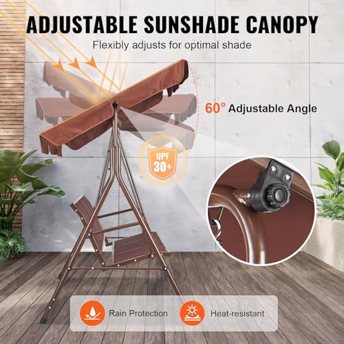 VEVOR 3-Seat Patio Swing Chair, Converting Canopy Swing, Outdoor Patio Porch with Adjustable Canopy, Removable Thick Cushion and Alloy Steel Frame, for Balcony, Backyard, Poolside, Brown