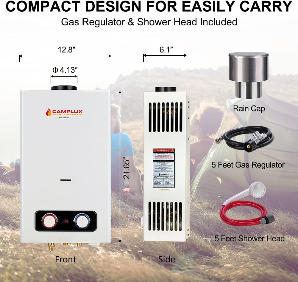 Portable Tankless Water Heater, Camplux 1.58 GPM Outdoor Propane Hot Water Heater with S/S Rain Cap