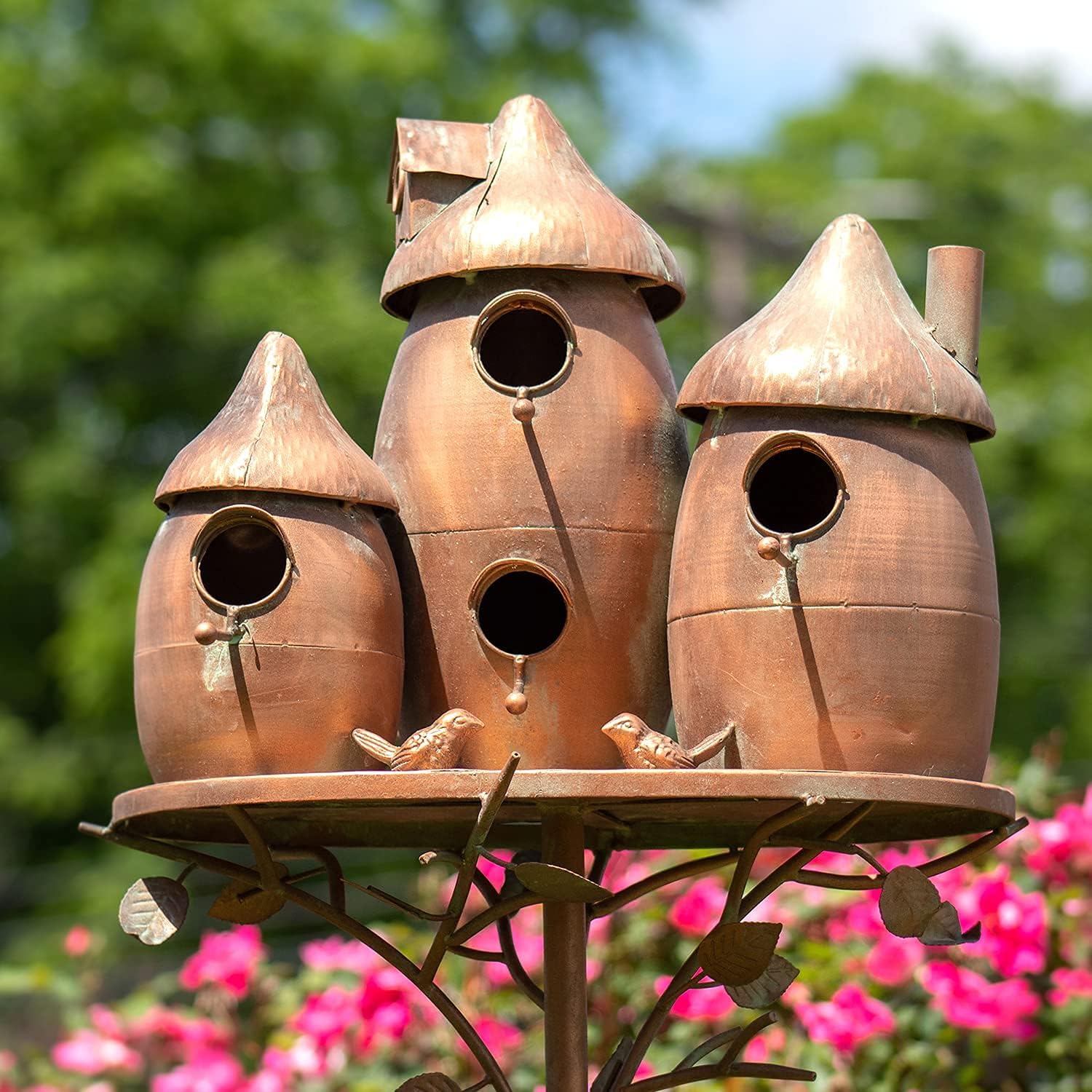 Zaer Ltd. Large Copper Colored Multi-Birdhouse Stakes, Room for 4 Bird Families in Each (Castle Home)