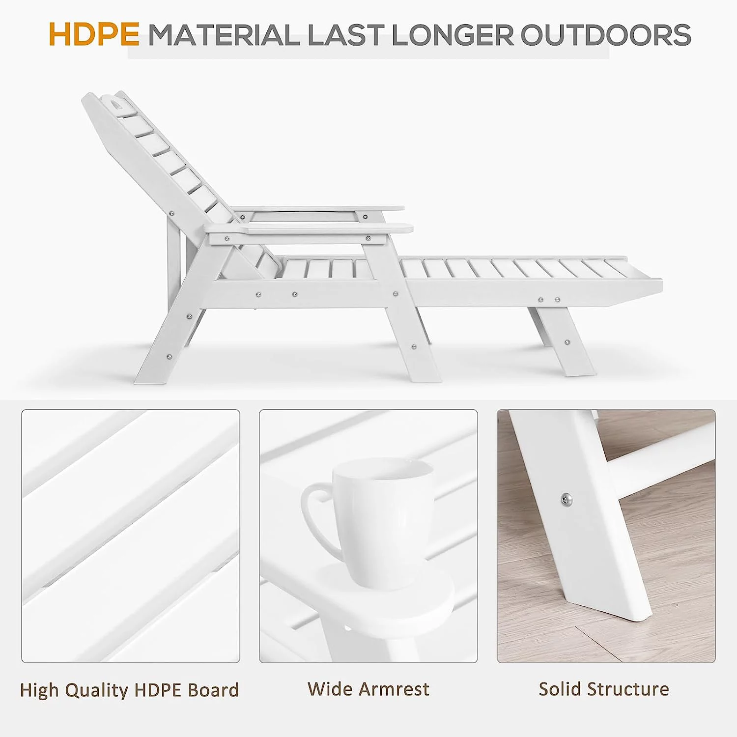 NALONE Chaise Lounge Outdoor with 5-Position Adjustable Backrest, HDPE Lounge Chair for Outside Supports Up to 400 LBS, Pool Lounge Chairs for Patio Poolside Deck Beach Backyard(White)