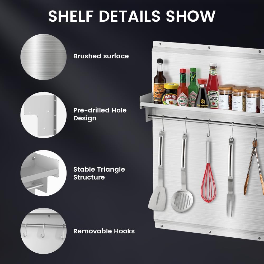 Range Backsplash, 42"x 30" Stainless Steel Backsplash,Easy Clean And Installation with Storage Shelf & Hanging Rack,Range Hood Stainless Steel Backsplash for Stove