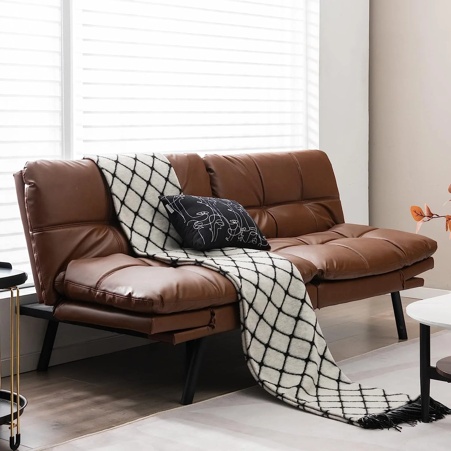 Futon Sofa Bed, Convertible Memory Foam Futon Couch Sleeper with Adjustable Backrest and Armrests, for Small Apartments Home Office, Brown