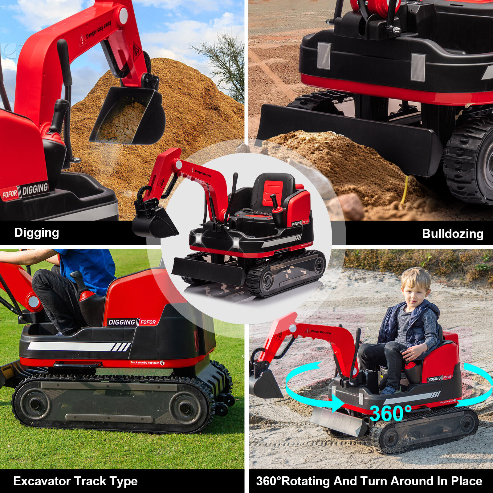 JOYLDIAS Kids 12V Electric 360 Degree Rotating Ride On Excavator and Bulldozer with Track Design Wheels, Remote Control, MP3, Toolbox (Red) - Curated Treasures Market