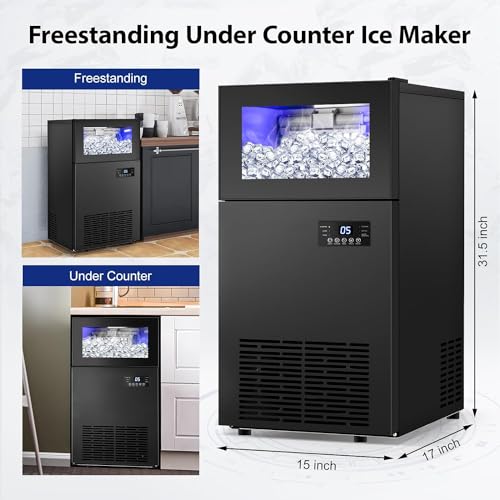 Commercail Ice Maker 160Lbs/24H with 35Lbs Ice Capacity,Upgraded 15" Wide Under Counter Ice Machine 63Pcs Ice Cubes,Commercial Ice Machine Self Clean Stainless Steel Built-in or Freestanding