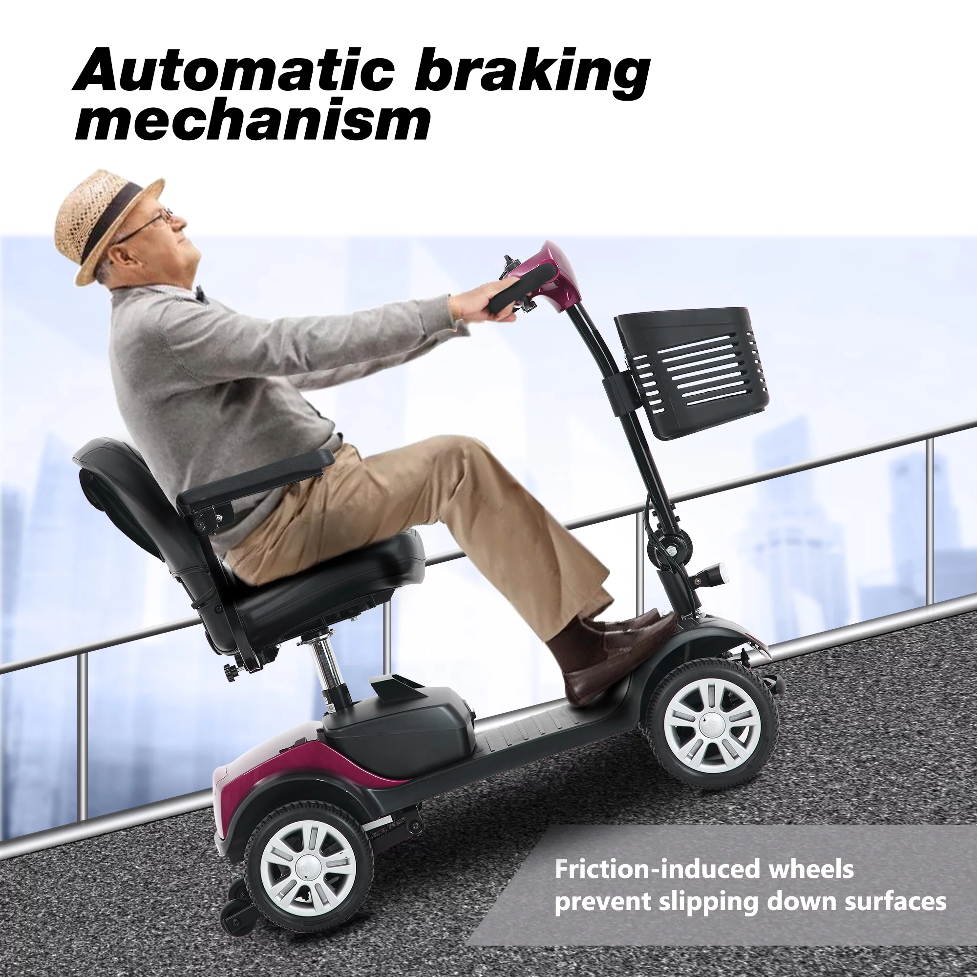 Travel Mobility Scooter, Heavy Duty Electric Scooters with 4 Anti-Tip Wheels, Compact Lightweight Mobility Scooters for Senior Adults Elderly, Foldable Mobility Scooter, Holds 300lbs, Purple