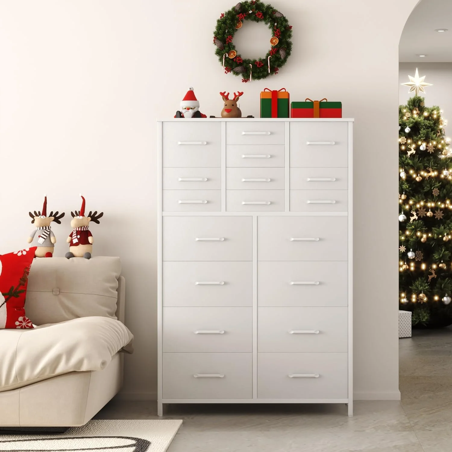 HOMEFORT 18 Drawer Dresser for Bedroom, 57" Tall Fabric Chest of Drawers, Large Capacity Storage Organizer Tower for Closet, Living Room, Hallway, Entryway, White