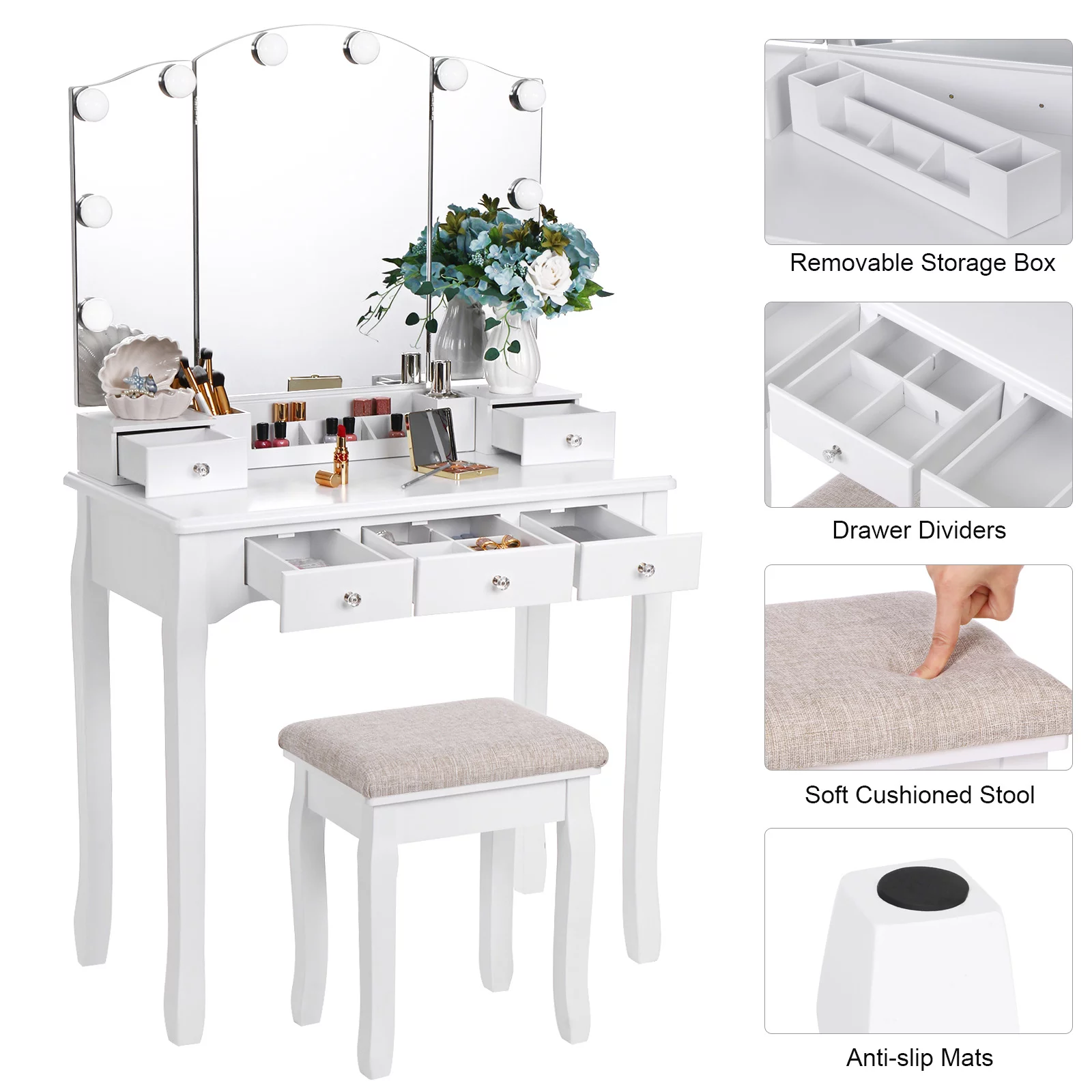 BEWISHOME Vanity Set with Lighted Mirror, Makeup Vanity with Tri-Folding Mirror 10 LED Bulbs, White Vanity Desk Vanity Table with 5 Drawers 2 DIY Dividers, Cushioned Stool, Movable Organizer FST09W