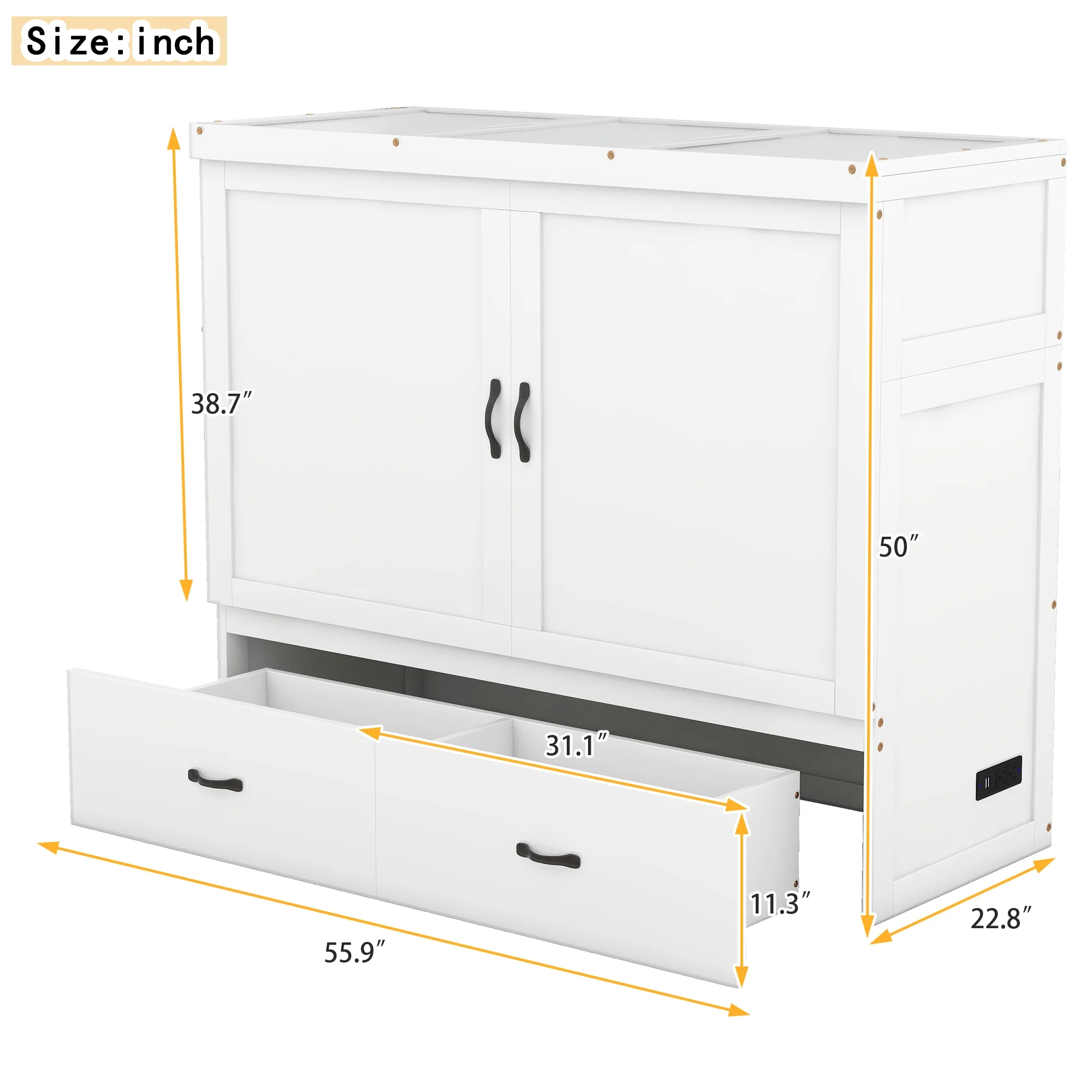 Bellemave Full Size Murphy Bed, Solid Wood Full Murphy Cabinet Bed with USB Port, Easy Fold Modern Murphy Beds with 2 Storage Drawers for Guest Room Home Office (Full,White)
