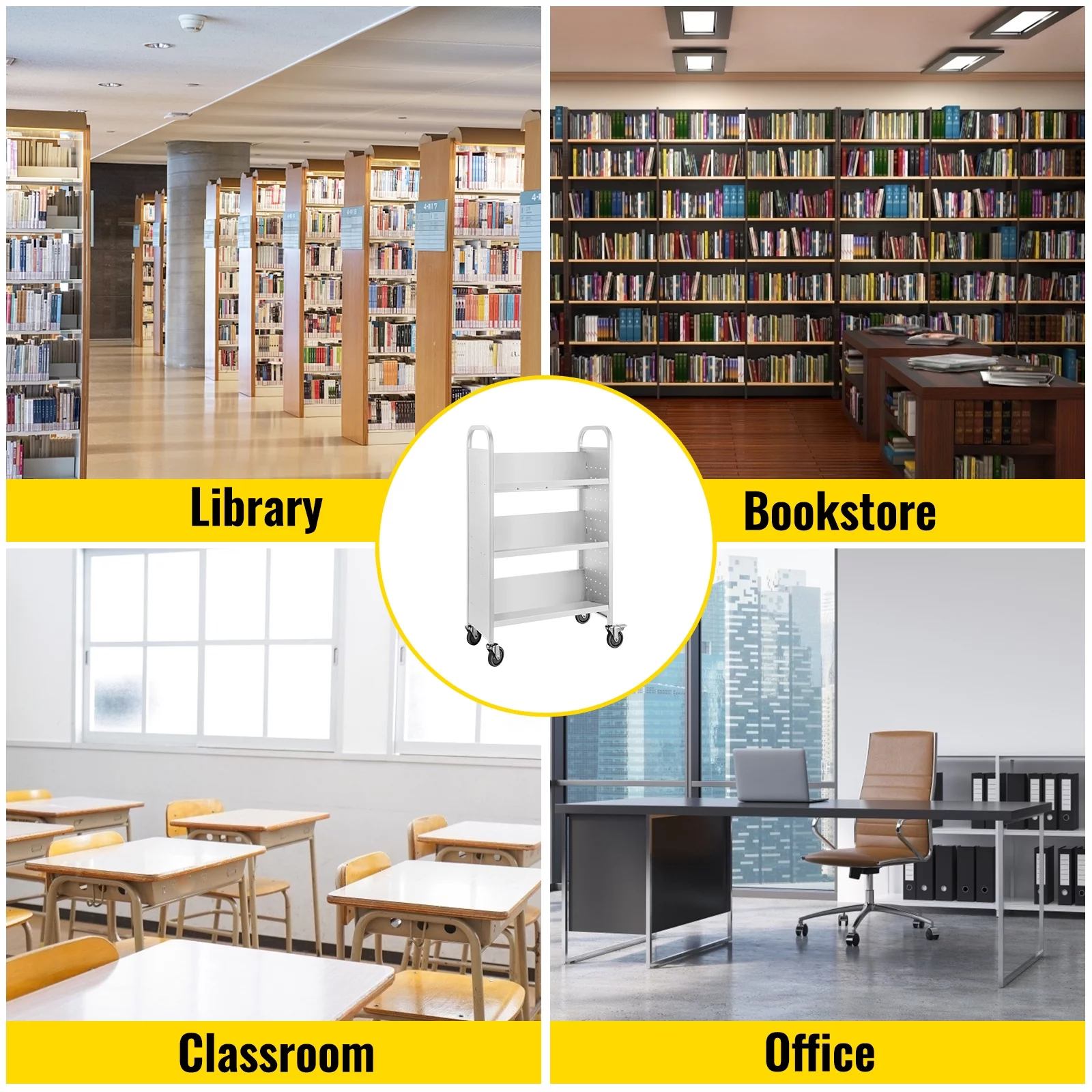 VEVOR Book Cart Single Sided V-Shaped , Rolling Book Cart with 4 inch Lockable Wheels, for Home Shelves Office and School Book Truck in White - Curated Treasures Market