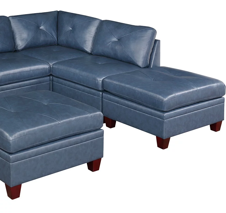 Ink Blue Top Grain Leather 7pc Tufted Sectional Sofa Contemporary Living Room Furniture Wedge Ottoman Armless Chair Couch