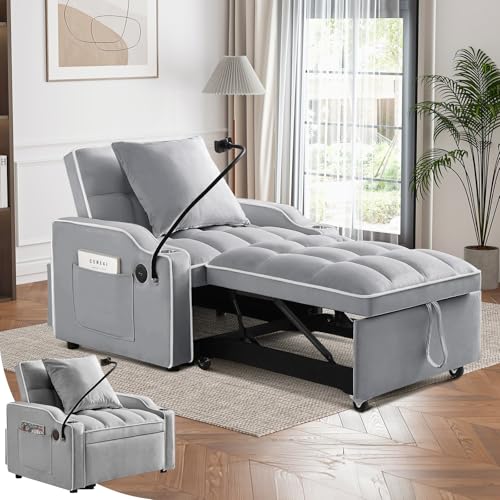 Convertible Sleeper Sofa Bed, 3 in 1 Velvet Pull Out Loveseat Couch Modern Comfy Futon Sofa with Adjustable Backrest & Phone Holder & USB Charging Space Saving for Living Room, Small Apartment, Grey