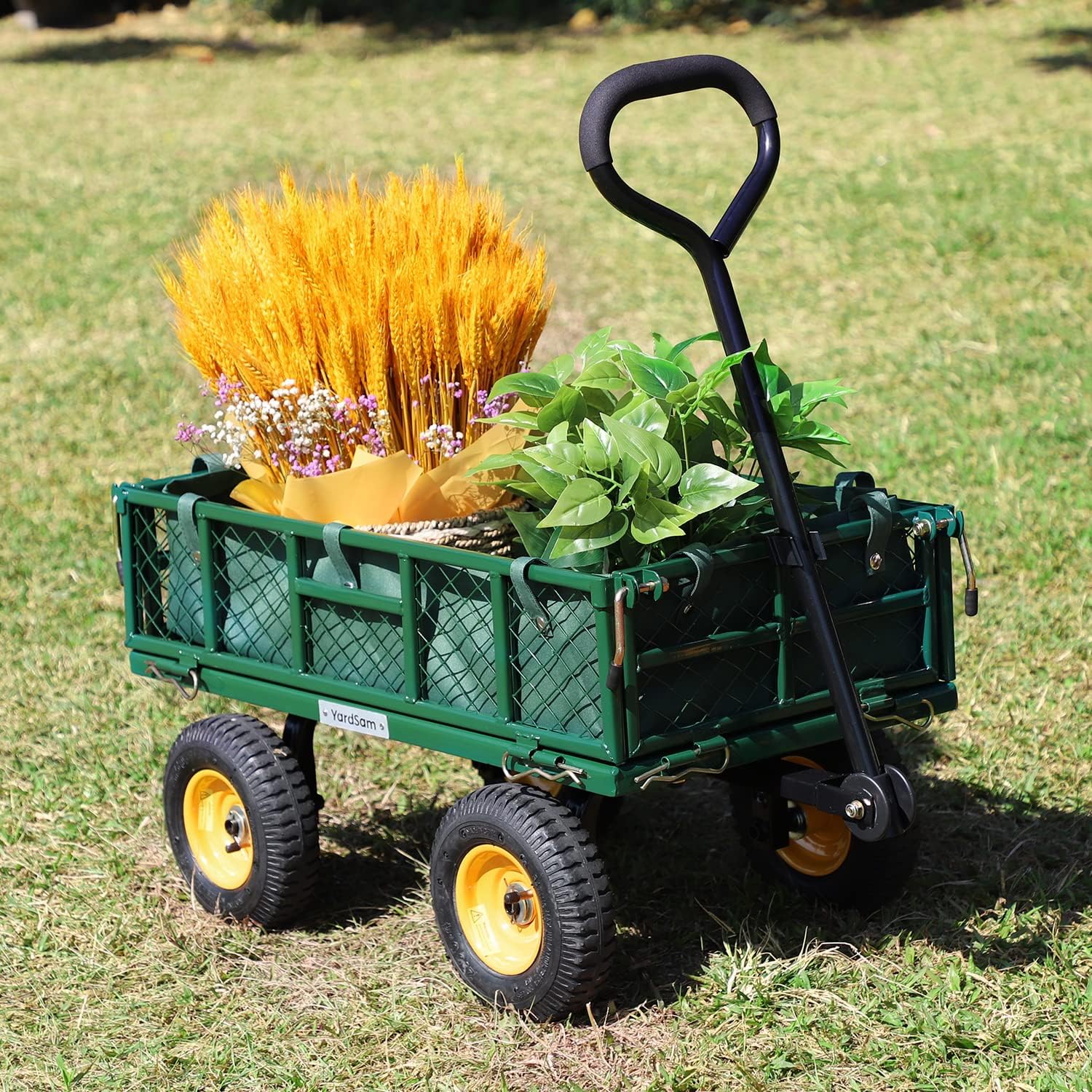 Yardsam Utility Steel Garden Carts and Wagons w/ 8 Inch Pneumatic Tyres + Foldable Folding Wagon Cart with Removable Wheels