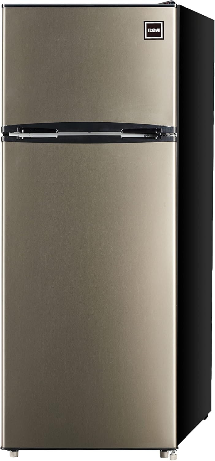 RCA RFR725 EFR749 2 Door Apartment Size Refrigerator with Freezer, 7.5 cu. ft, Platinum, Stainless