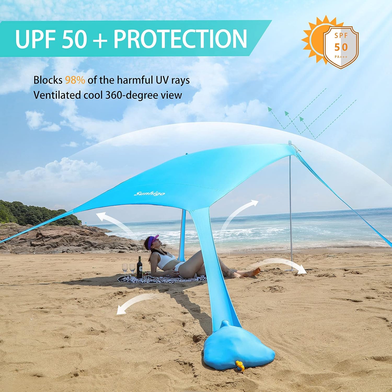 Sunhigo Beach Shade Canopy UPF50+ Family Beach Tent with 4 Aluminum Poles, Sand Shovel and Carry Bag, Portable Beach Sunshade Pop Up Sun Shelter for Beach,Fishing,Backyard and Picnics (10x10 Ft,Navy)