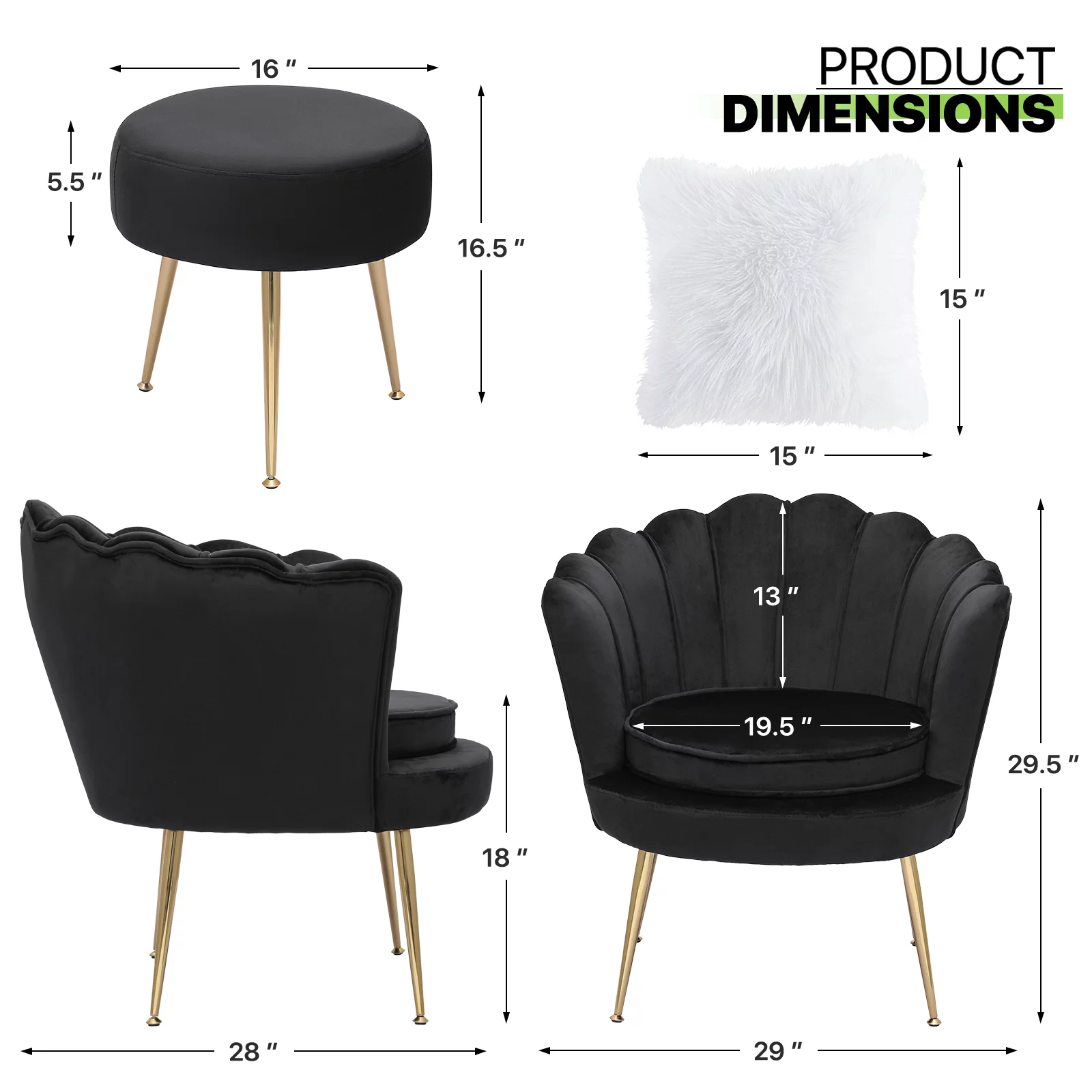 Magshion [CHAIR+PILLOW+FOOTSTOOL SET] Home Tufted Velvet Solo Sofa Ottoman Set with Cushion, Livingroom Accent Chair with Footrest Stool, Black