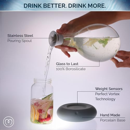 MAYU Swirl Structured Water Pitcher - Innovative Vortex Technology - Handblown. Reverse Osmosis Filter Complementary. Aerating Dispenser Stand 1.5 Liter | 51Oz Design Dining Glass Jug (Graystone Base)