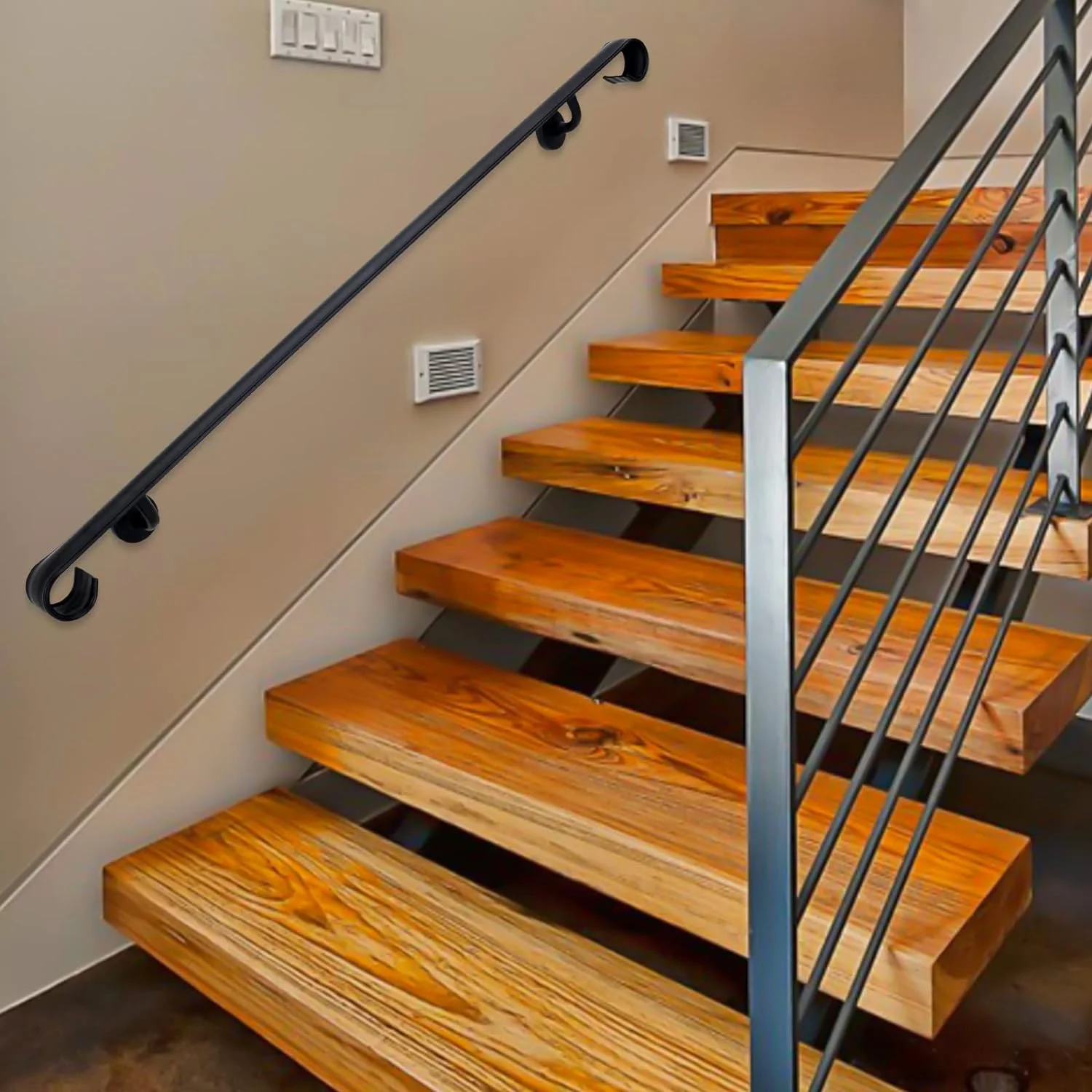 AUCHI Wall Handrail Wrought Iron, Stair Handrail Safety Non-Slip and Rust Resistant, Wall Mount Handrail Fits 4-5 Steps for Indoor or Outdoor Stairs - Curated Treasures Market