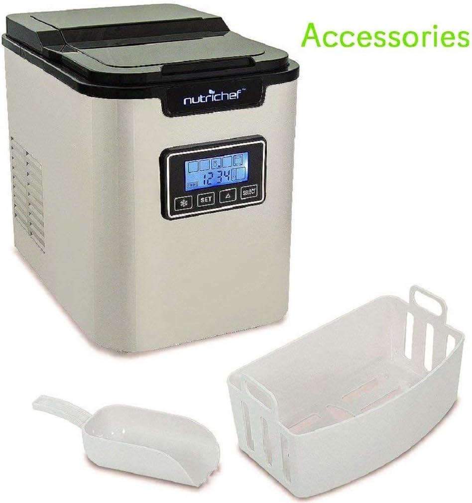 NutriChef Upgraded Digital Ice Maker Machine-Portable Stainless Steel,Stain Resistant Countertop w/Built-In Freezer,Over-Sized Ice Bucket Ice Machine w/Easy-Touch Buttons,Silver-PICEM62
