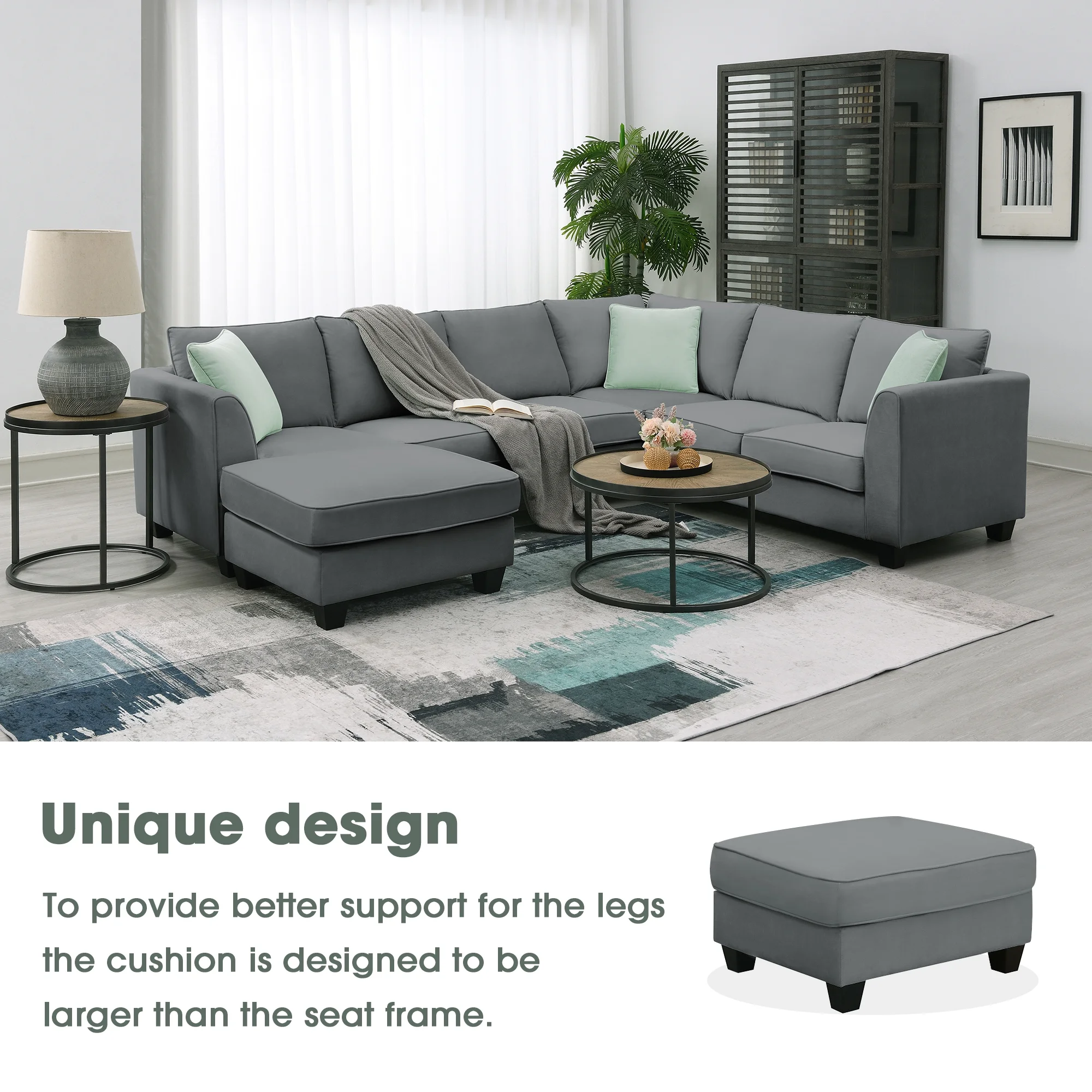 7 Seats Modular Sectional Sofa with Ottoman, L Shape Fabric Sofa Corner Couch Set Living Room Couches Sets with 3 Pillows, Gray, 112" x 87"