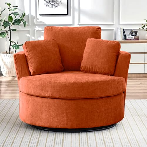 Chair and A Half with Ottoman, 360° Swivel Accent Barrel Chair Modern Comfy Round Reading Sofa Swivel Chairs Circle Lounge Chair for Bedroom Living Room w/4 Pillow Lower Seating Heigh (White, Large)