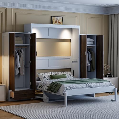 KLMM Wooden Murphy Bed Wall Bed with 2 Wardrobe and Storage Shelf,Foldable Platform Bedframe for Guest-Room Bedroom Study Office Use (White#E, Full)