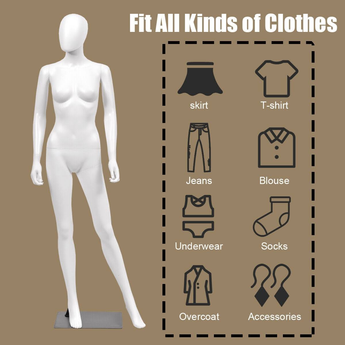 5.8 ft Full Body Female Mannequin Egghead Manikin with Metal Stand