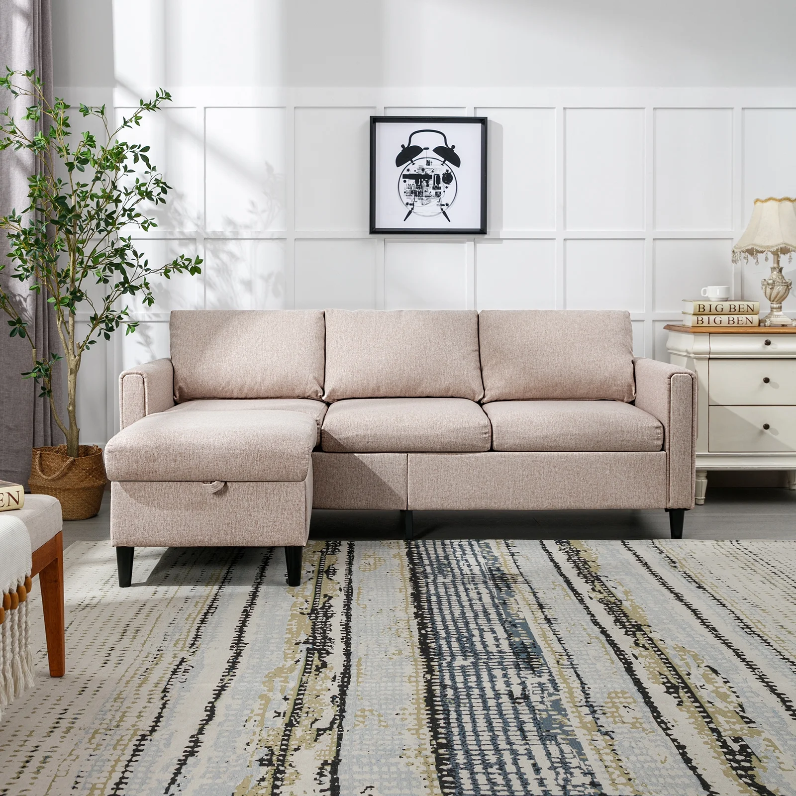 ZAFLY Convertible Sectional Sofa Couch, 3 Seater Sofa with Storage Ottoman, Modern L-Shape Linen Couches with Flexible Chaise for Living Room - Beige