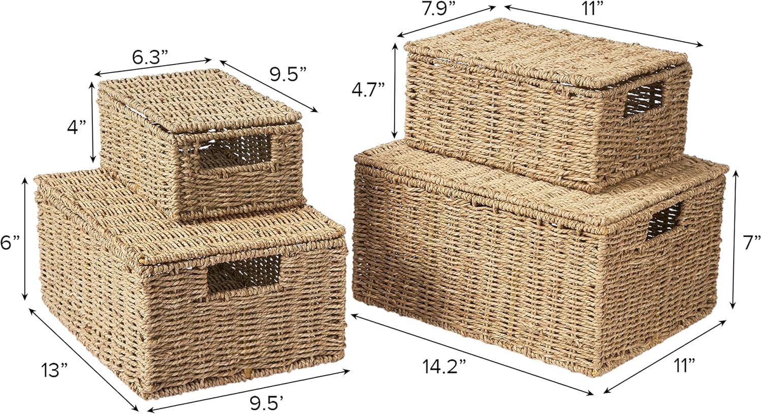 Artera Wicker Storage Basket - Set of 3 Woven Seagrass Baskets with Lid and Handle for Organizing, Large Rectangular Natural Nesting Storage Bins for Bedroom, Bathroom, Laundry Room (Set of 4) Pack of 2