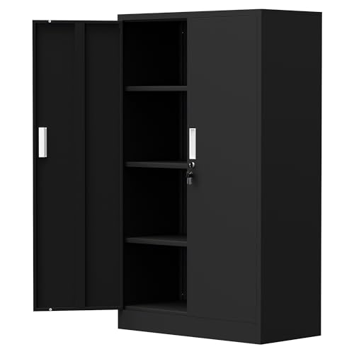 Metal Storage Cabinet with Locking Doors and Adjustable Shelves, 53.5-Inch Tall Lockable Storage Cabinets for Home Office Garage Kitchen Pantry (Black)