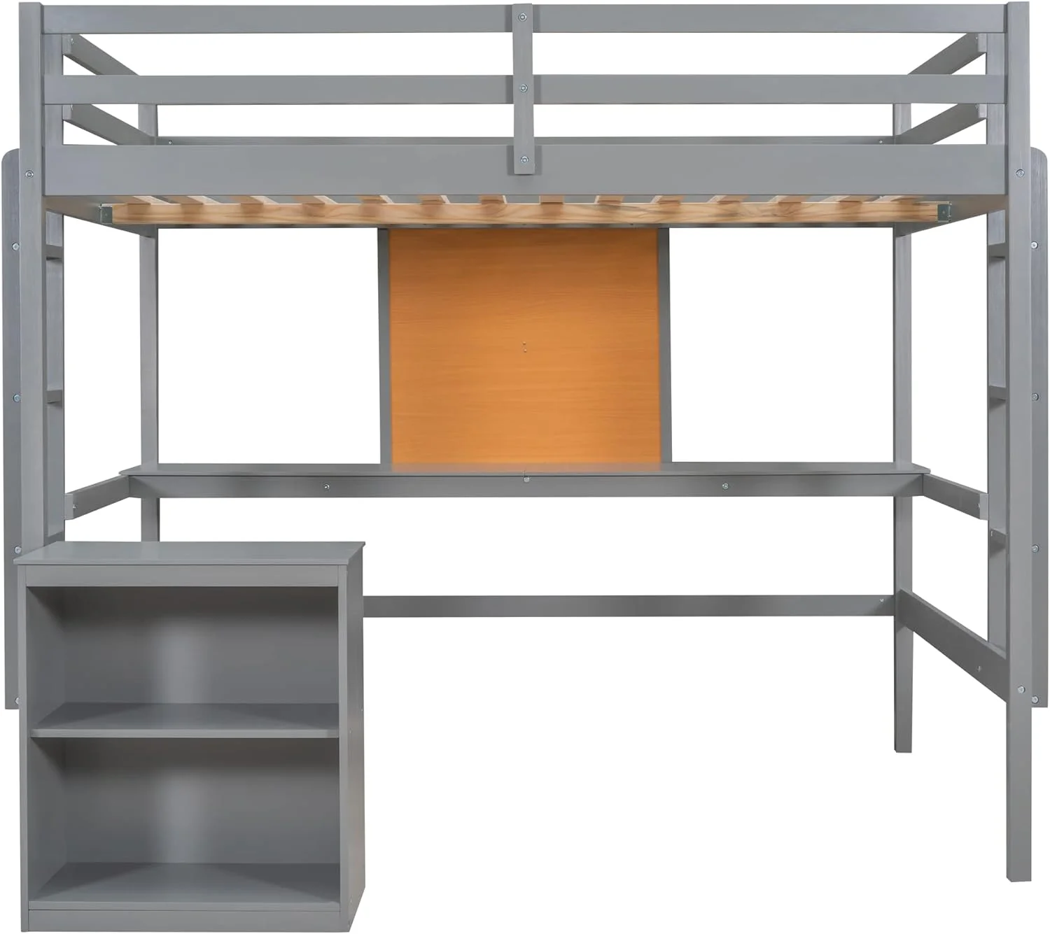 Full Size Loft Bed Frame With Desk, Storage Shelves And Writing Board, Wood Loft Beds With Two Ladders And Moveable 2-Shelf Cabinet, High Loft Bed For Kids Boys Girls Teens, Gray