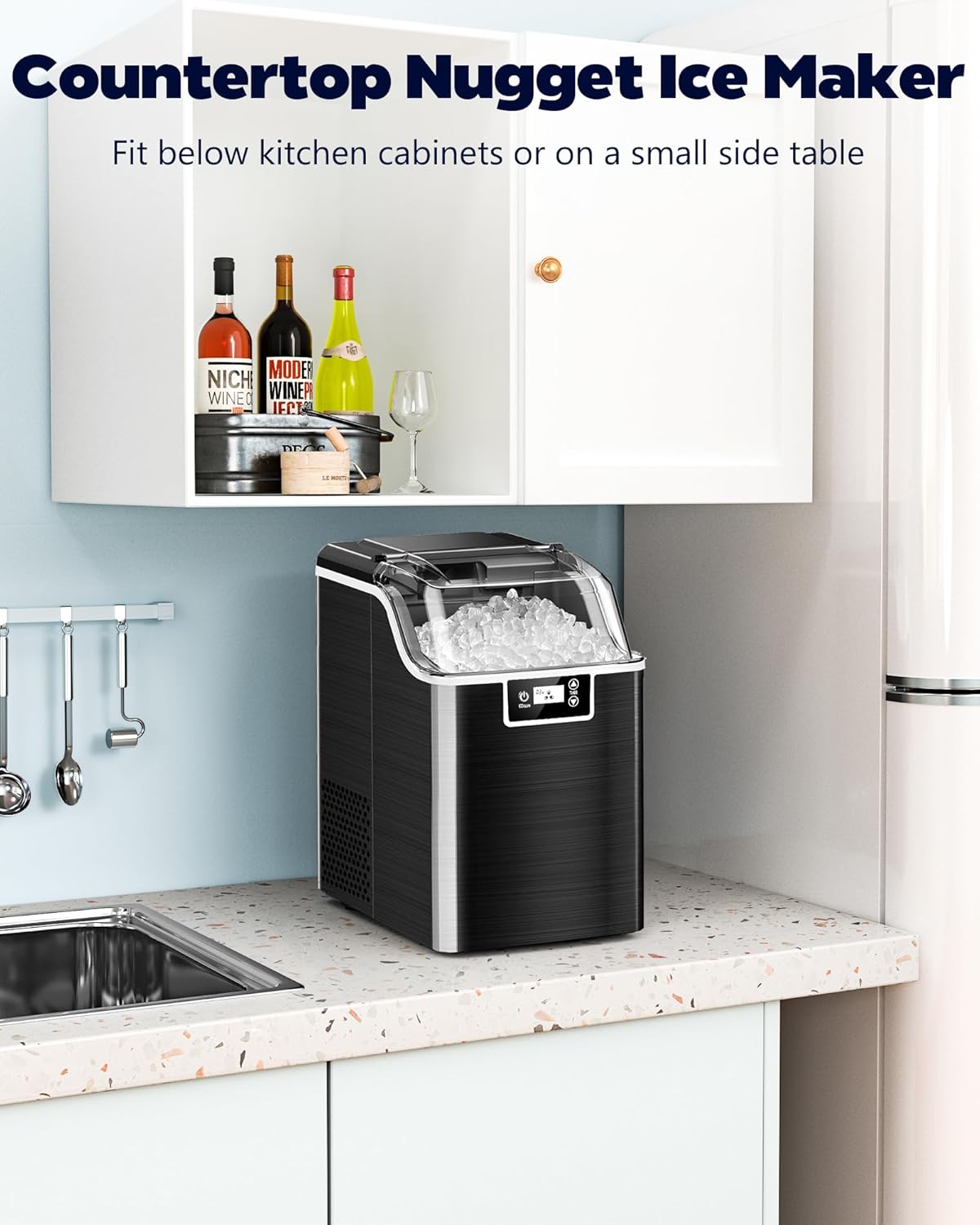 Kndko Nugget Ice Maker Countertop, Crushed Ice Maker, 45lbs/Day, 24H Timer, Self Cleaning Ice Maker Nugget Ice Cubes for Home Bar Party,Stainless Steel Black