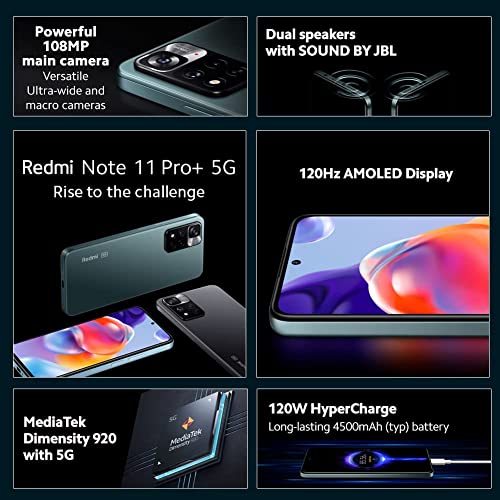 Xiaomi Redmi Note 11 Pro+ Plus 5G + 4G Volte 128GB + 6GB Factory Unlocked 6.67" 108MP Camera Night Mode (Not Verizon Sprint Boost Cricket Metro At&T) + (w/Fast Car Charger Bundle) (Forest Green)