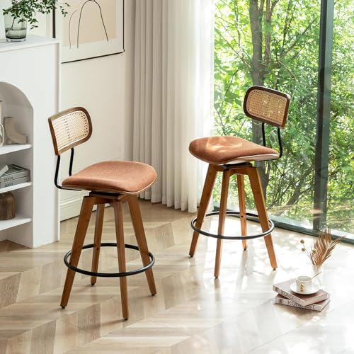 26" Rattan Bar Stools Set of 2, Linen Fabric Counter Height Swivel Barstools with Rattan Backrest and Wooden Legs,Armless Mid Century Modern Bar Chairs for Kitchen/Dining Room,Cafe Brown